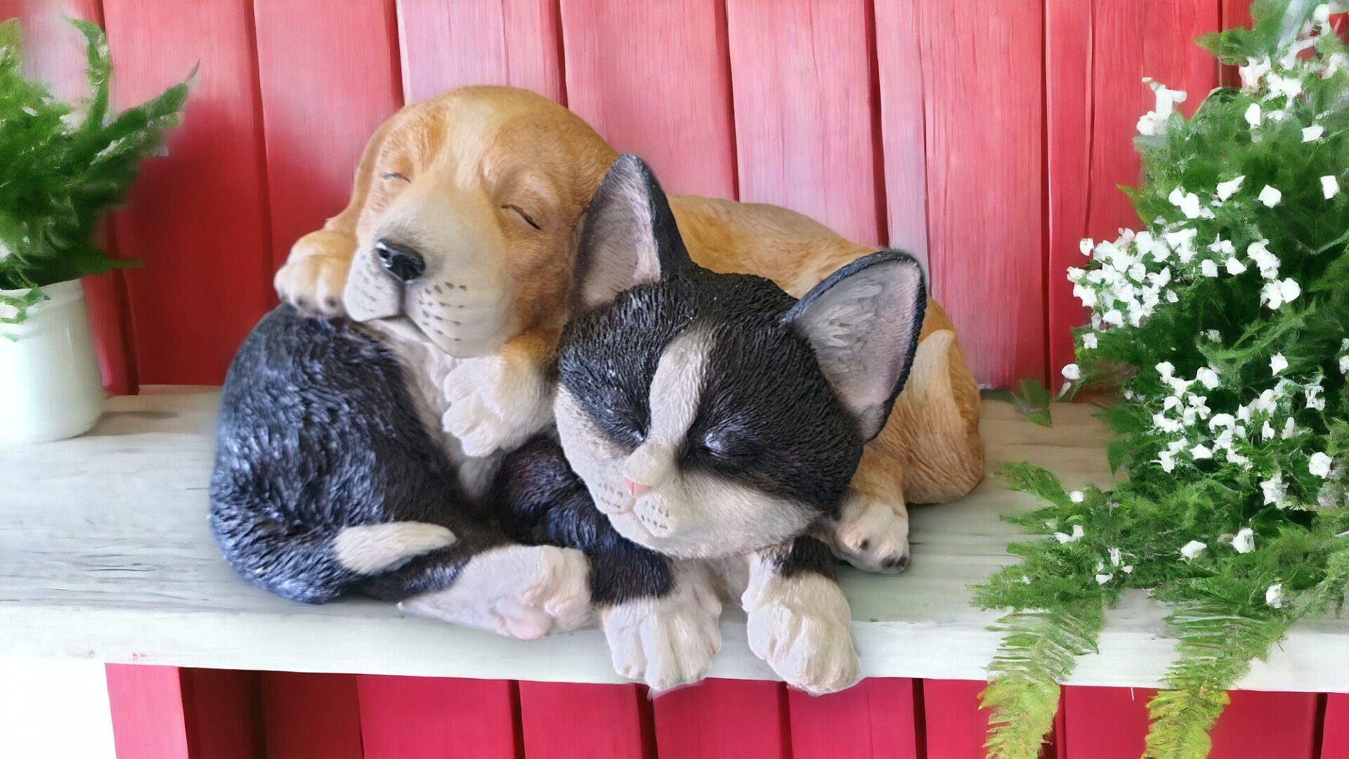 Cat and Dog Snuggling Statue