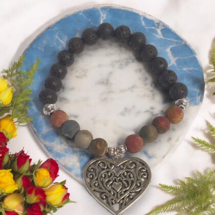 Picasso And Jasper Black Lava Stone Boho Heart Bracelet