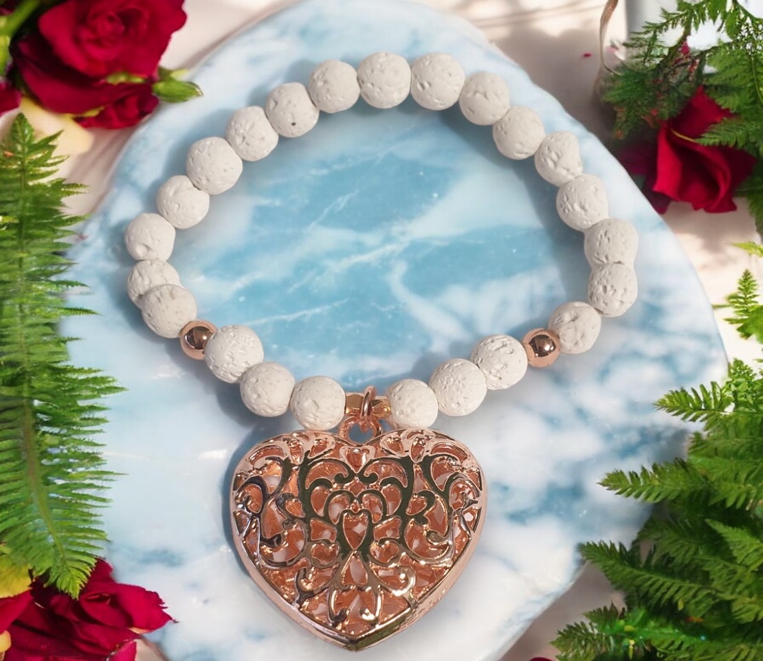 Rose Gold Heart and White Lava Stone Bracelet