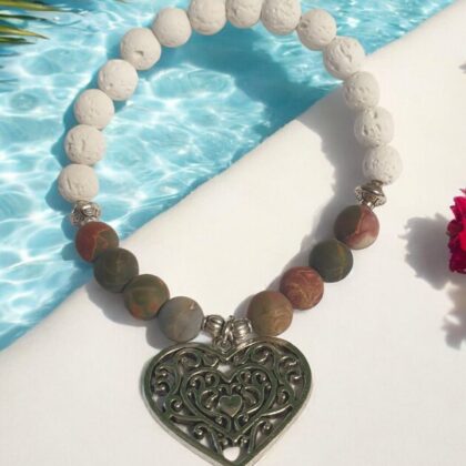 White Lava Stone Silver Heart Bracelet