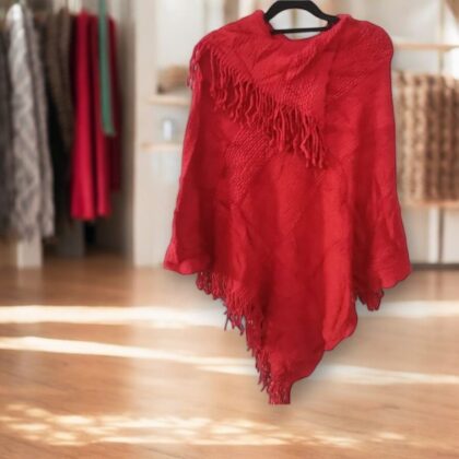 Ladies Free Size Red Knitted Poncho