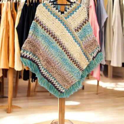 Ladies Free Size Green Multicoloured Knitted Poncho