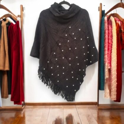 Ladies Free Size Black Turtle Neck Knitted Poncho