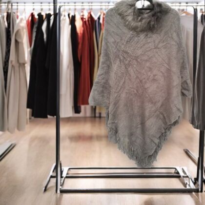 Ladies Free Size Grey Turtle Neck Fur Knitted Poncho