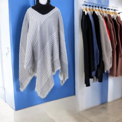 Ladies Free Size Light Grey Knitted Poncho With Black Turtleneck