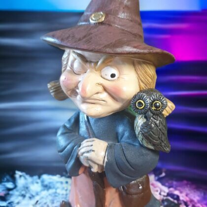Bobble Head Witch With Owl Statue