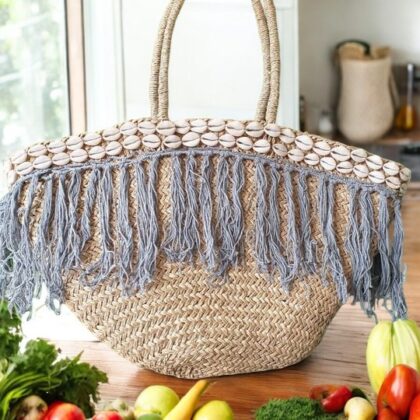 Large Blue Shell Tassle Seagrass Basket
