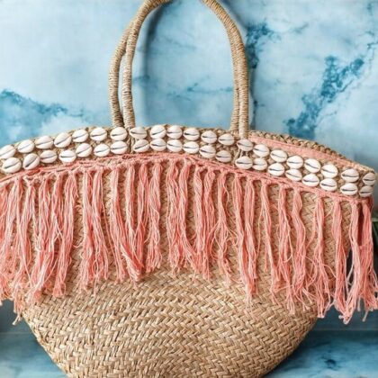 Large Pink Shell Tassle Seagrass Basket