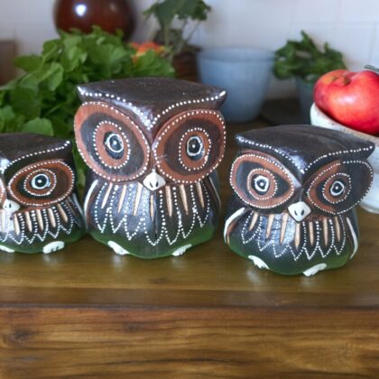 Dark Brown Wooden Owl Statue Set