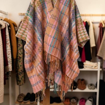 Ladies Pink Multicoloured Open Front Poncho