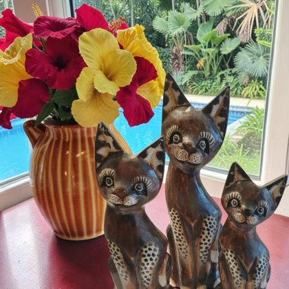Brown Wooden Cat Statue Set
