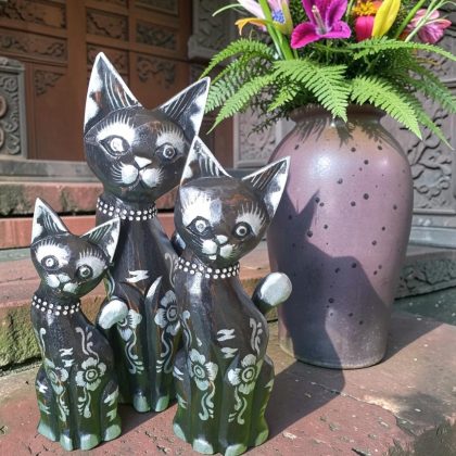 Black And Silver Wooden Cat Statue Set