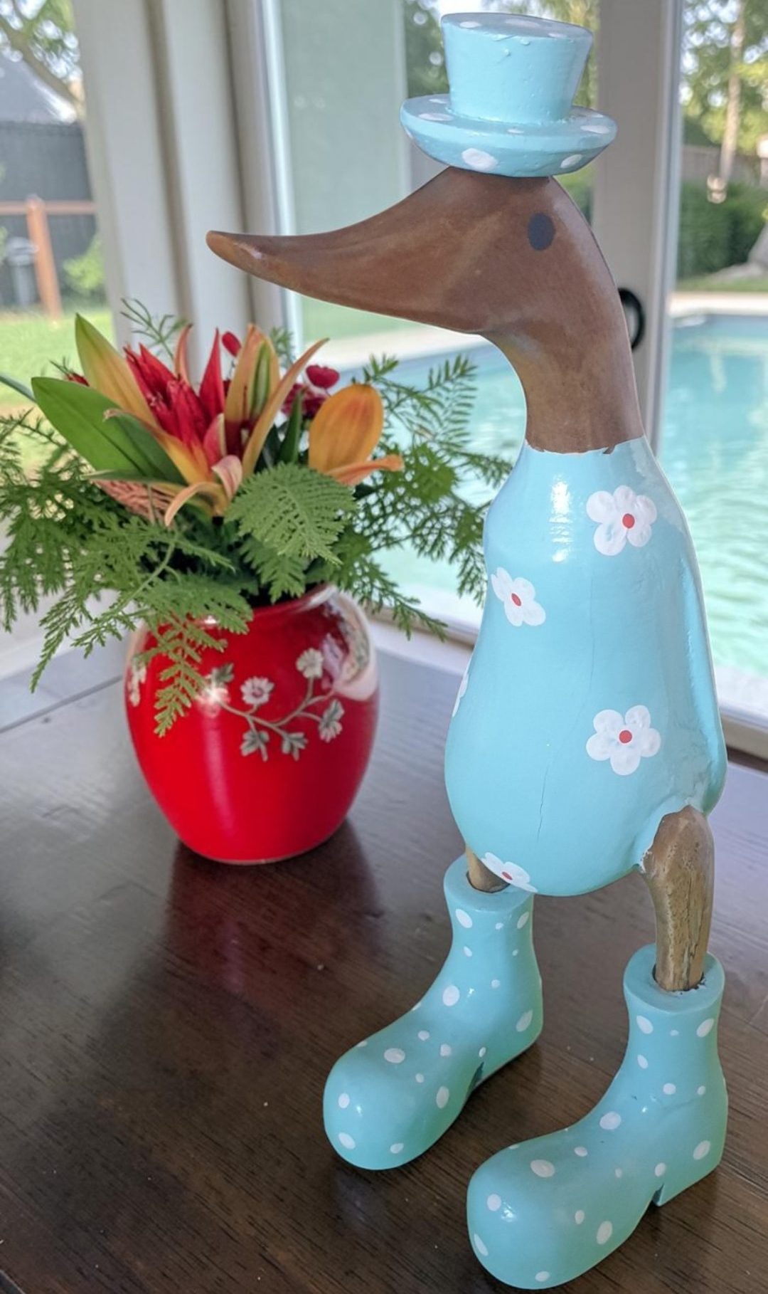 Extra Large Blue Floral Wooden Duck Statue