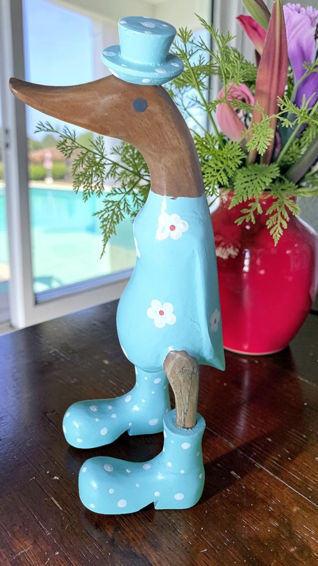 Extra Large Blue Floral Wooden Duck Statue - Image 6
