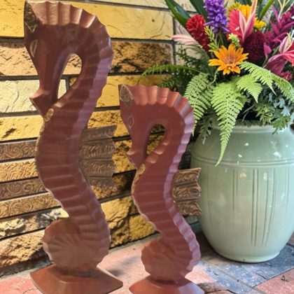 Red Wooden Seahorse Statue Set
