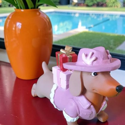 Pink Christmas Dachshund Statue